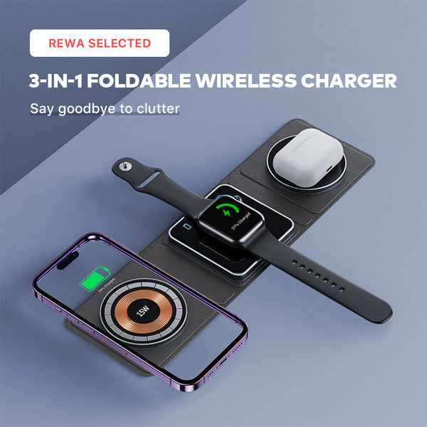Foldable 15W 3 in 1 Travel Charger Compatible with Magsafe for iPhone 15/14/13/12, Apple Watch, Airpods