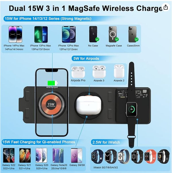 Foldable 15W 3 in 1 Travel Charger Compatible with Magsafe for iPhone 15/14/13/12, Apple Watch, Airpods