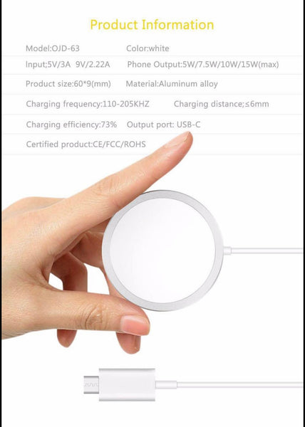 15W Magnetic Wireless Charger Compatible with Magsafe for iPhone 15/14/13/12/11/SE/XS/XR/X/8 Series USB-C White